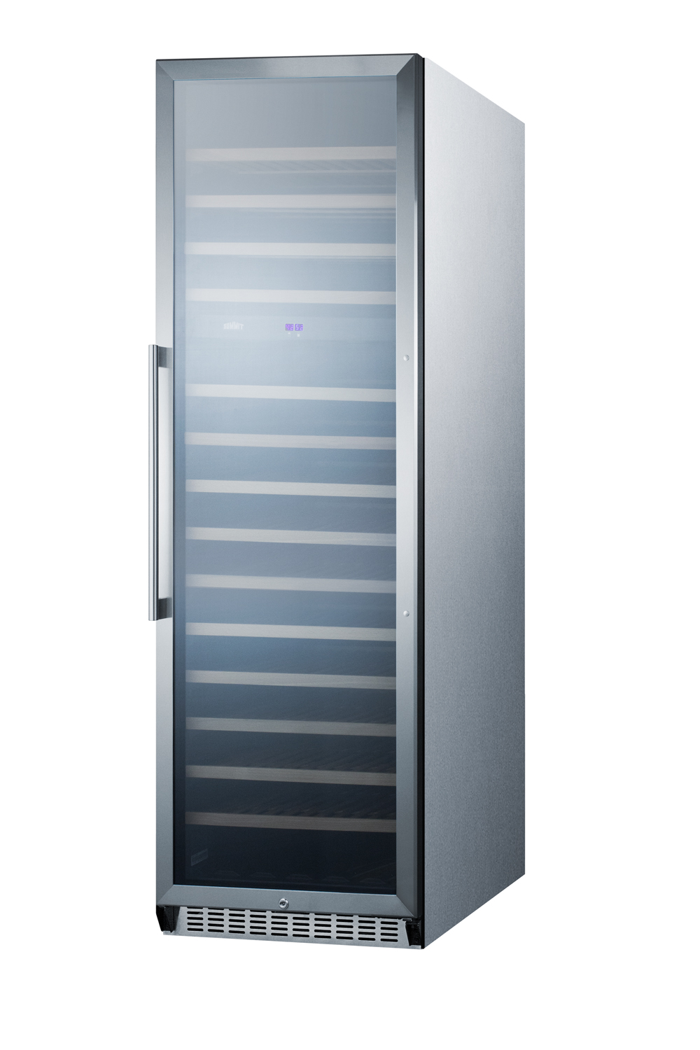 2-zone 160 bottle wine cellar with glass door, digital thermostat, and stainless steel wrapped cabinet